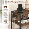 3-tier industrial side table in rustic brown with 2 AC outlets and 1 Type-C port, perfect for living room organization.