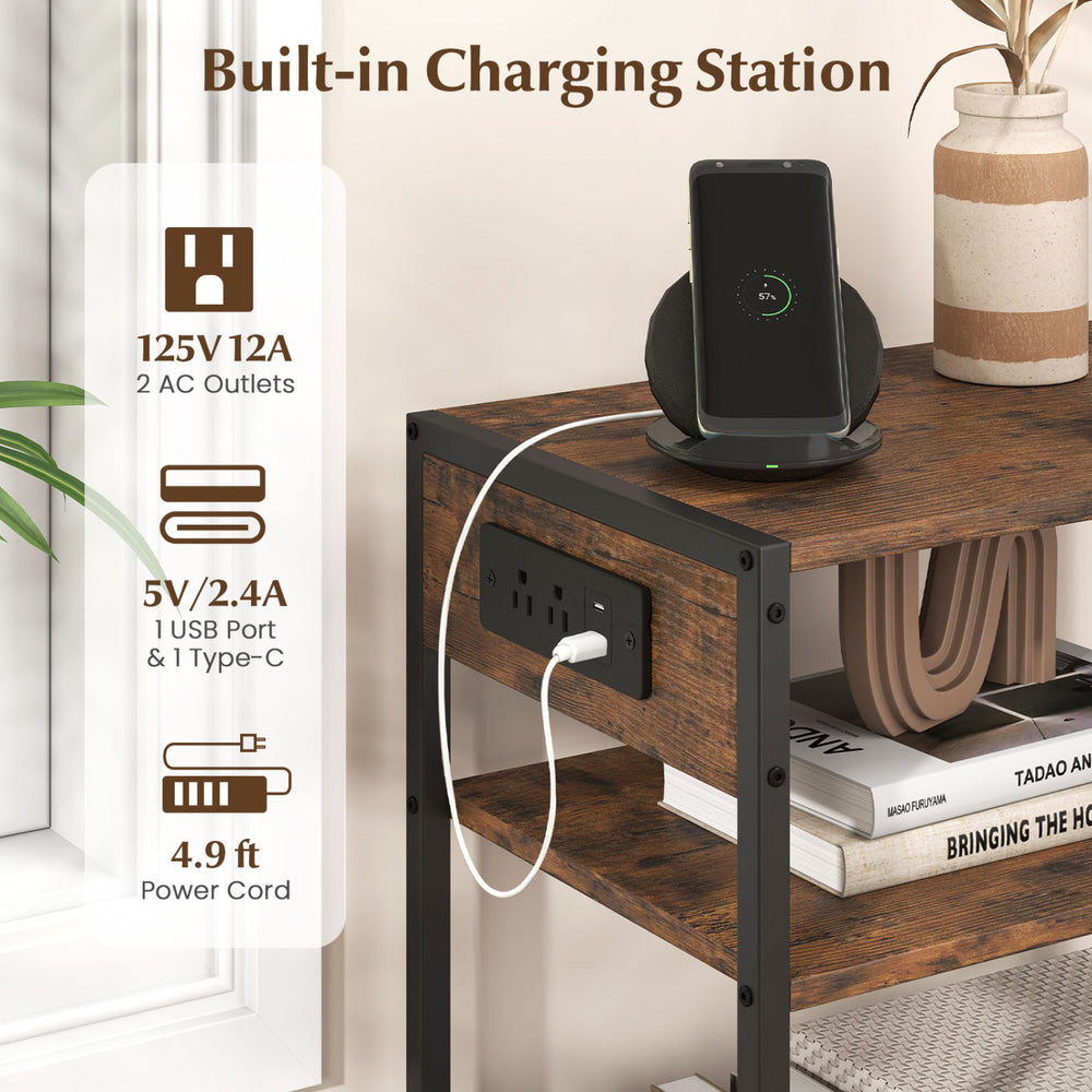 3-tier industrial side table in rustic brown with 2 AC outlets and 1 Type-C port, perfect for living room organization.