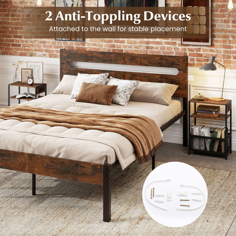 3-tier industrial side table in rustic brown with 2 AC outlets and USB ports, perfect for living rooms and bedrooms.