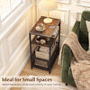 3-tier industrial side table in rustic brown with 2 AC outlets and USB ports, perfect for small spaces and versatile use.