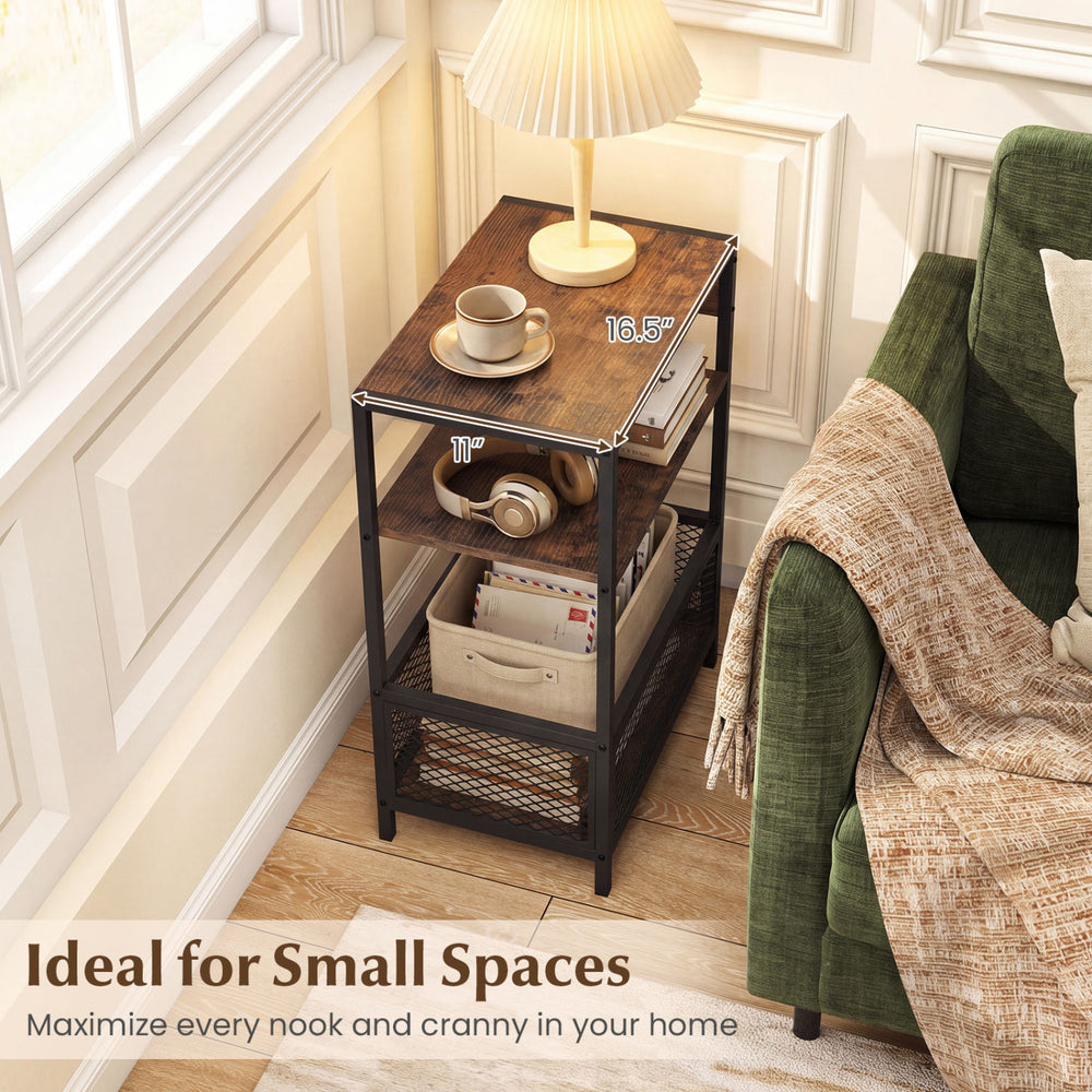 3-tier industrial side table in rustic brown with 2 AC outlets and USB ports, perfect for small spaces and versatile use.