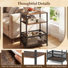3-tier industrial side table in rustic brown with 2 AC outlets, USB port, and anti-falling metal mesh for versatile storage.