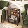 Rustic brown 3-tier industrial side table with 2 AC outlets, USB, and Type-C ports for versatile storage and charging.