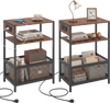 3-tier industrial side table in rustic brown with 2 AC outlets, USB, and Type-C ports for versatile charging and storage.