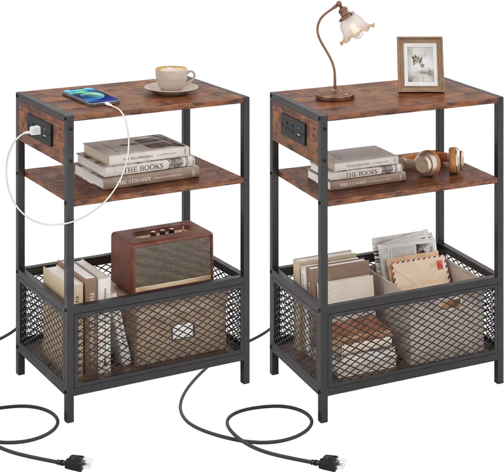 3-tier industrial side table in rustic brown with 2 AC outlets, USB, and Type-C ports for versatile charging and storage.