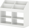 3-tier kid's bookshelf in white with display rack and 4 compartments for toy storage and organization.