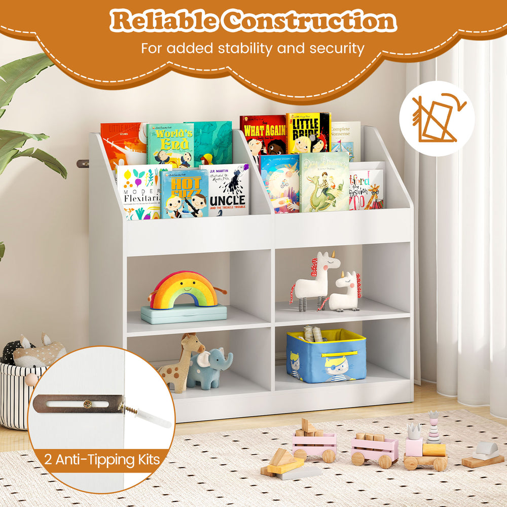 3-tier kid's bookshelf in white with display rack and 4 compartments for organized toy and book storage.