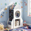 Rocket-shaped 3-tier kids bookshelf in white, featuring chalkboard sides, ideal for toy storage and promoting tidiness.