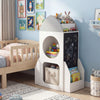Rocket-shaped 3-tier kids bookshelf in white, featuring chalkboard sides and spacious toy storage for imaginative play.