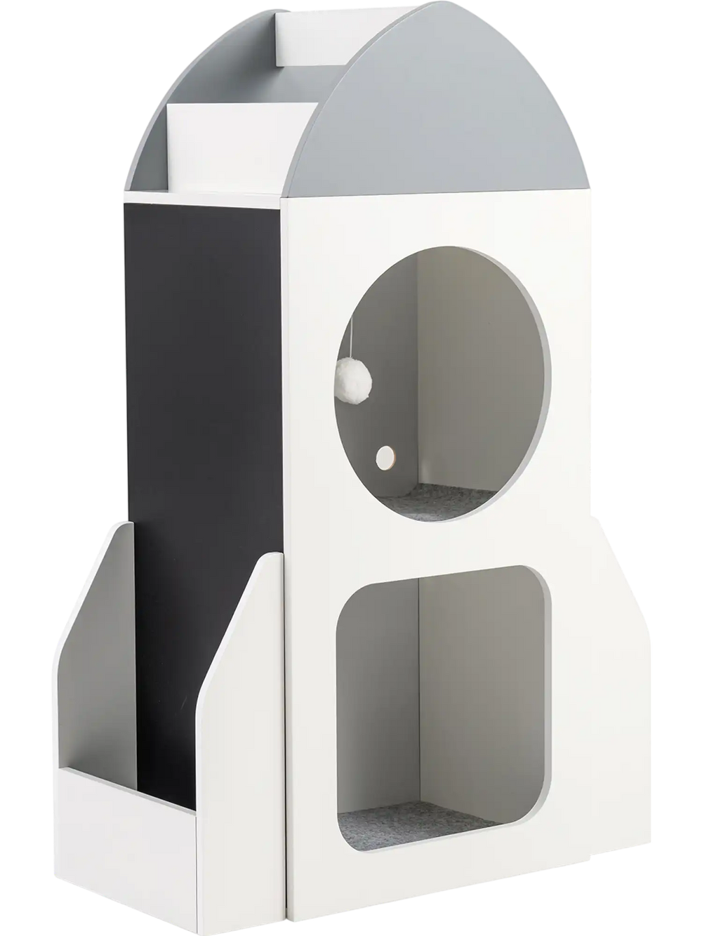 Rocket-shaped 3-tier kids bookshelf in white, featuring chalkboards and storage for toys, books, and a cat house.