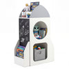 Rocket-shaped 3-tier kids bookshelf in white with chalkboard, ideal for toy storage and promoting tidiness.