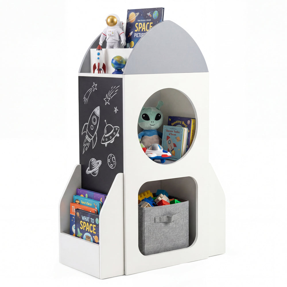 Rocket-shaped 3-tier kids bookshelf in white with chalkboard, ideal for toy storage and promoting tidiness.