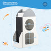 Rocket-shaped 3-tier kids bookshelf in white, featuring chalkboards and spacious storage for toys and books.