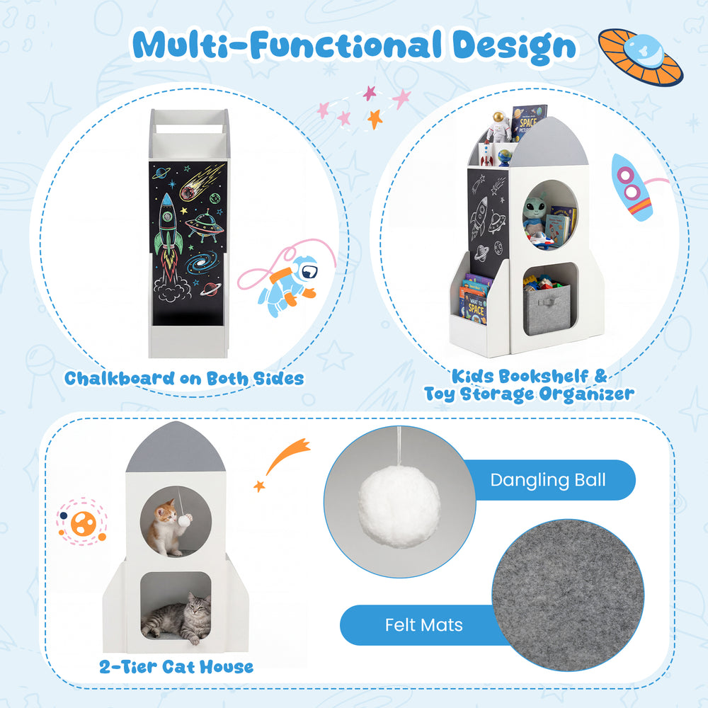 Rocket-shaped 3-tier kids bookshelf and toy storage organizer in white with chalkboard, cat house, and felt mats.