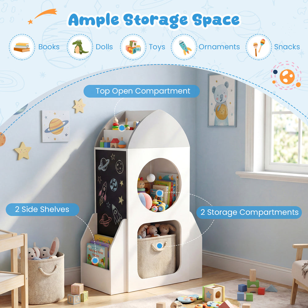 Rocket-shaped 3-tier kids bookshelf in white, featuring ample storage for toys and books, with chalkboard sides for fun.