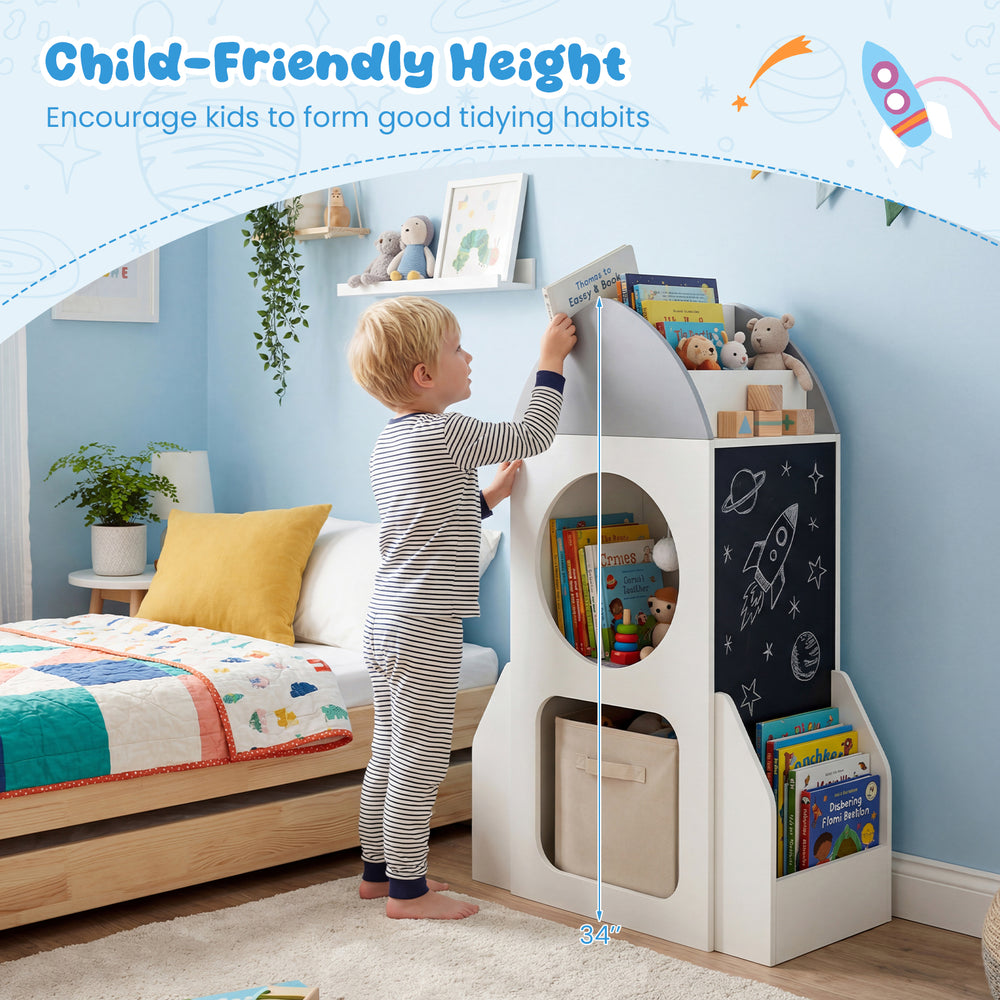 Rocket-shaped 3-tier kids bookshelf in white, promoting tidying habits with chalkboard sides and roomy storage for toys.