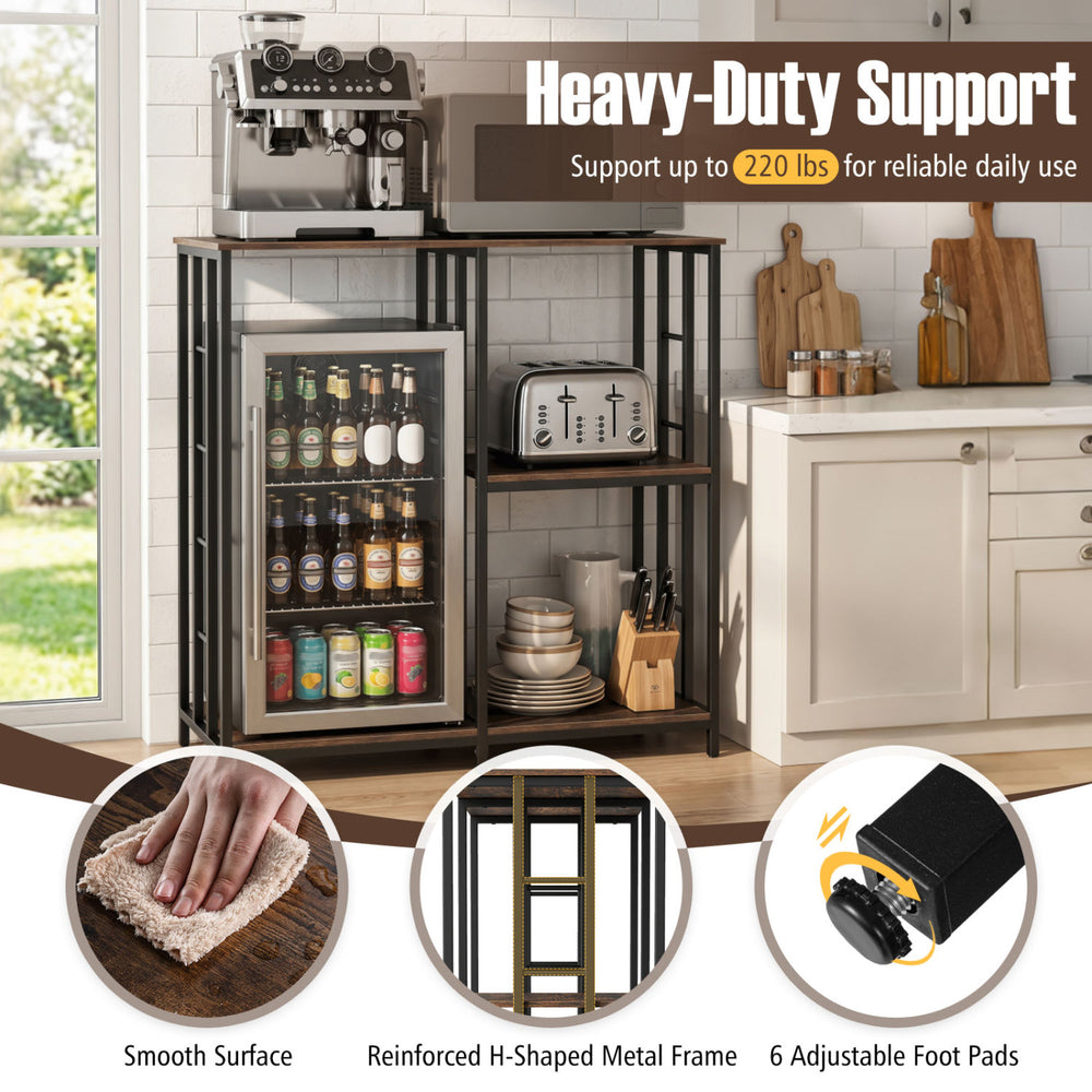 3-tier kitchen baker's rack in rustic brown with open shelves, sturdy metal frame, supports up to 220 lbs for versatile.