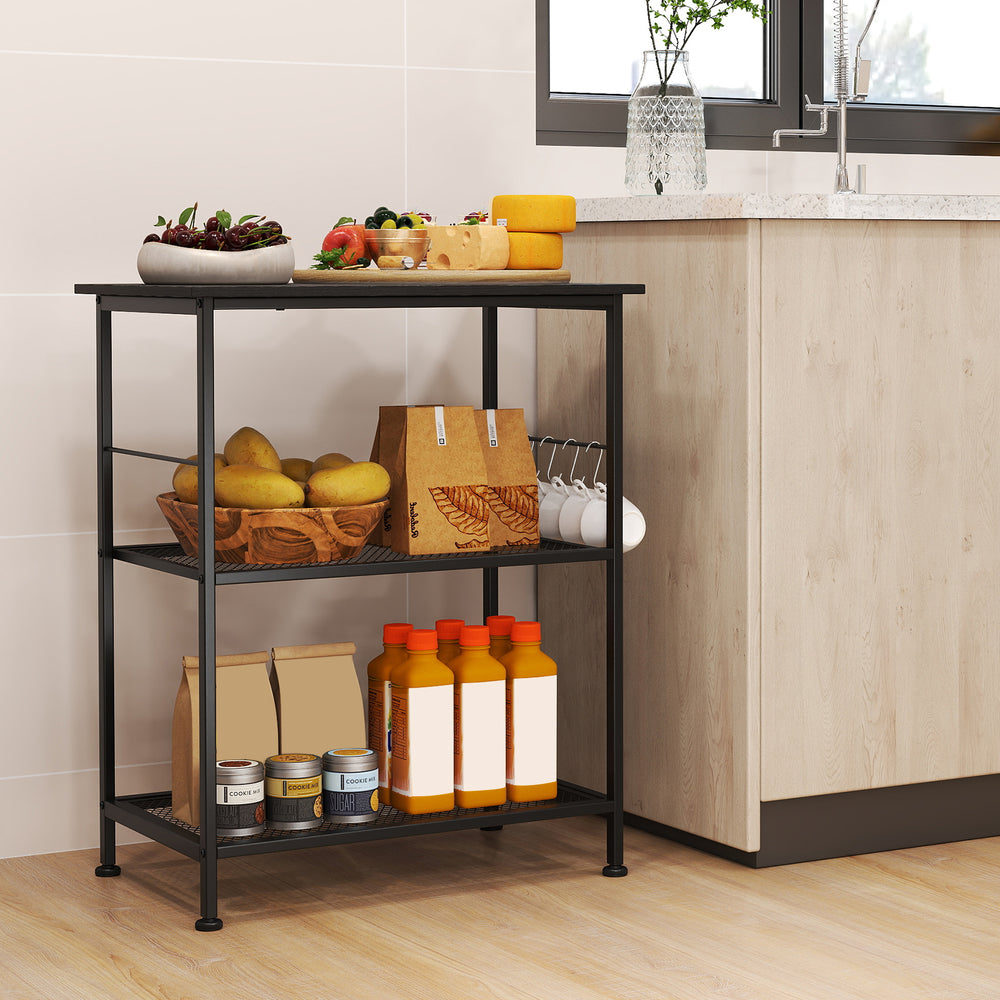 3-tier black kitchen serving cart with sturdy metal construction, featuring wheels and hooks for versatile storage.