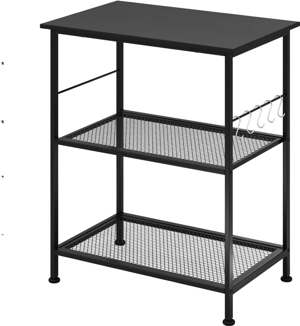 3-tier black kitchen serving cart with metal construction, swivel wheels, and hooks for versatile storage and easy.