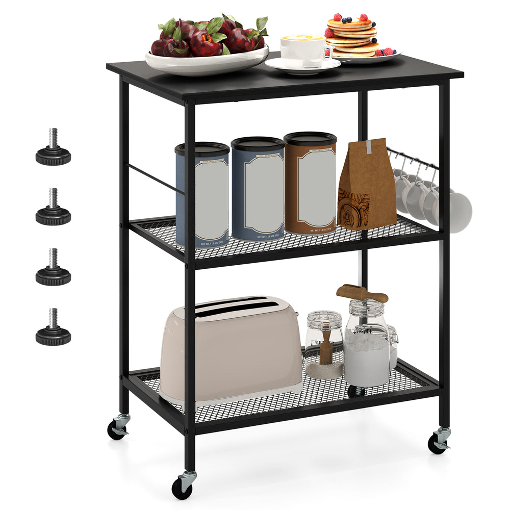 3-tier black kitchen serving cart with wheels, featuring sturdy metal shelves and hooks for versatile storage and.