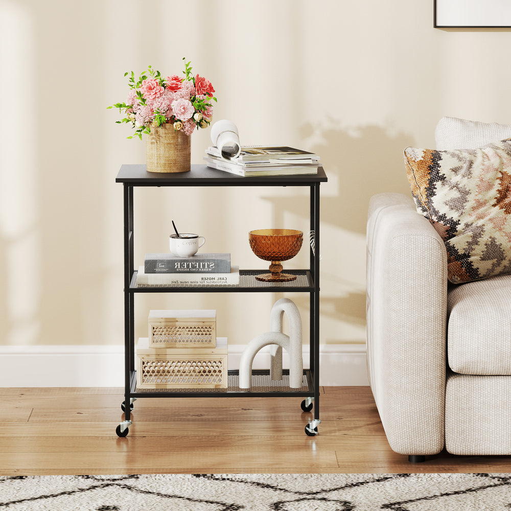 3-tier black kitchen serving cart with wheels, featuring sturdy metal construction and stylish design for versatile use.