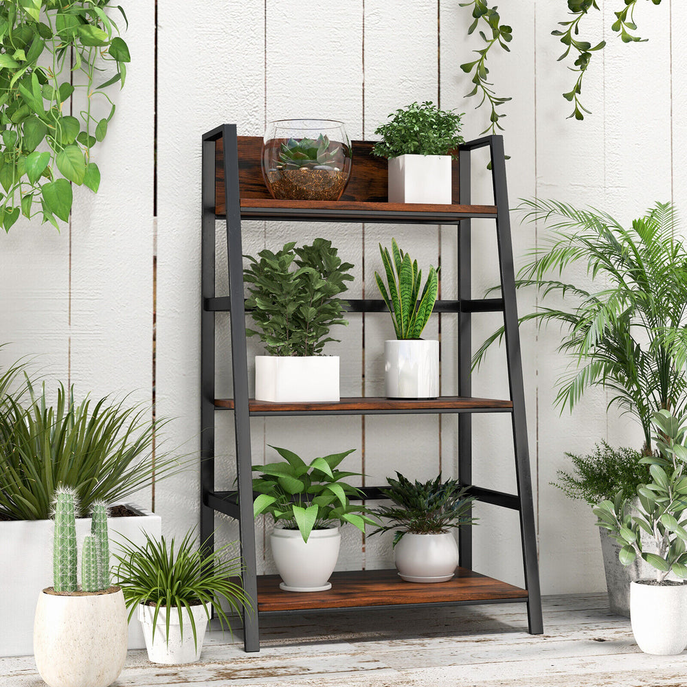 3-tier ladder bookshelf with a sturdy metal frame, displaying plants and decor, perfect for organizing essentials.