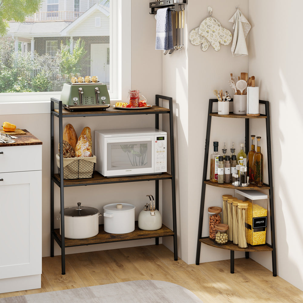 3-tier ladder shelf and corner shelf set in rustic brown with metal frame, ideal for kitchen or living room storage.
