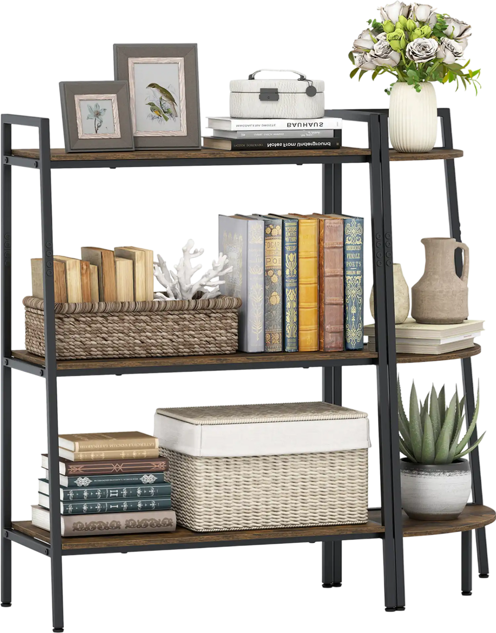 3-tier ladder shelf and corner shelf set in rustic brown with metal frame, perfect for living room or home office storage.