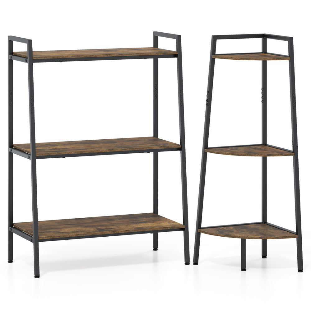 3-tier ladder shelf and corner shelf set with a rustic brown finish and sturdy metal frame for versatile storage solutions.