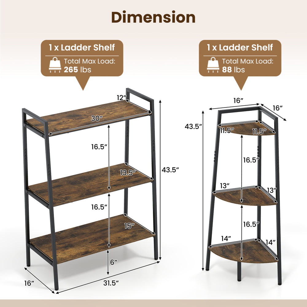 3-tier ladder shelf and corner shelf set in rustic brown with a sturdy metal frame for versatile storage in any room.