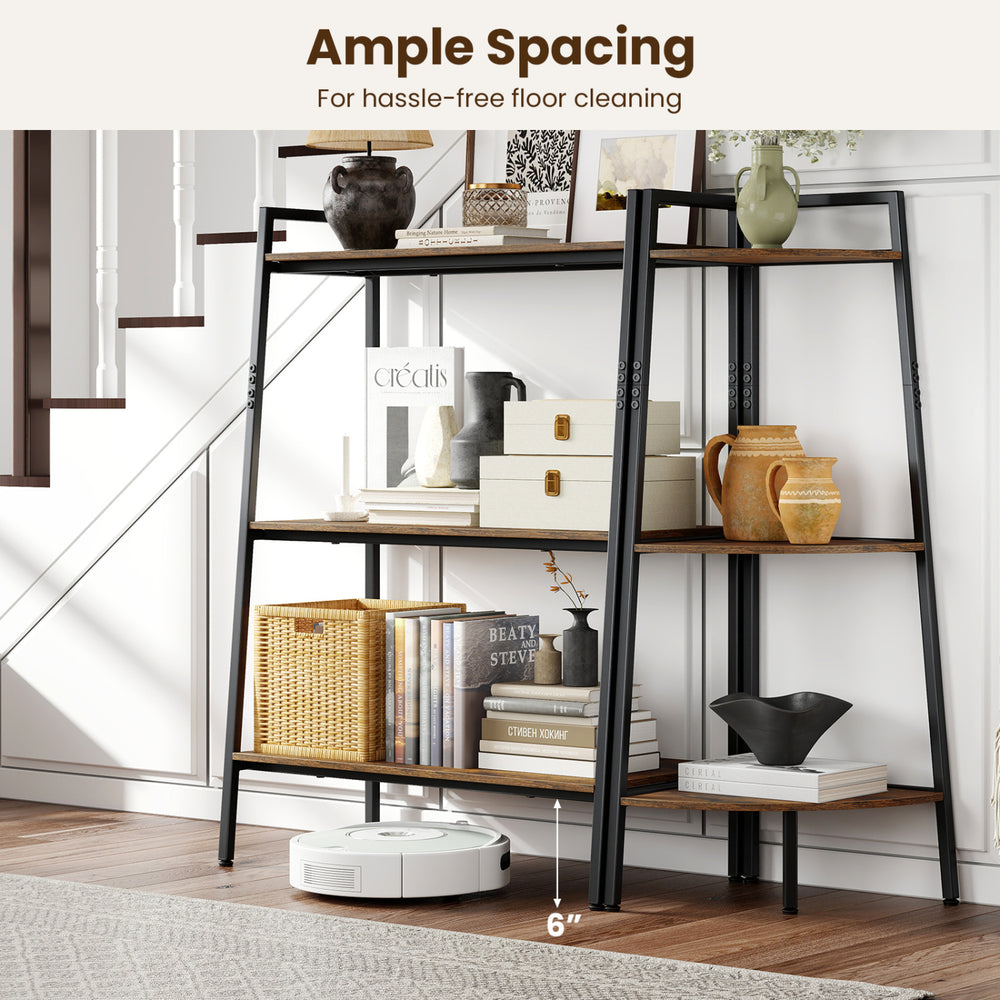 3-tier ladder shelf and corner shelf set in rustic brown with metal frame, ideal for living room or home office storage.