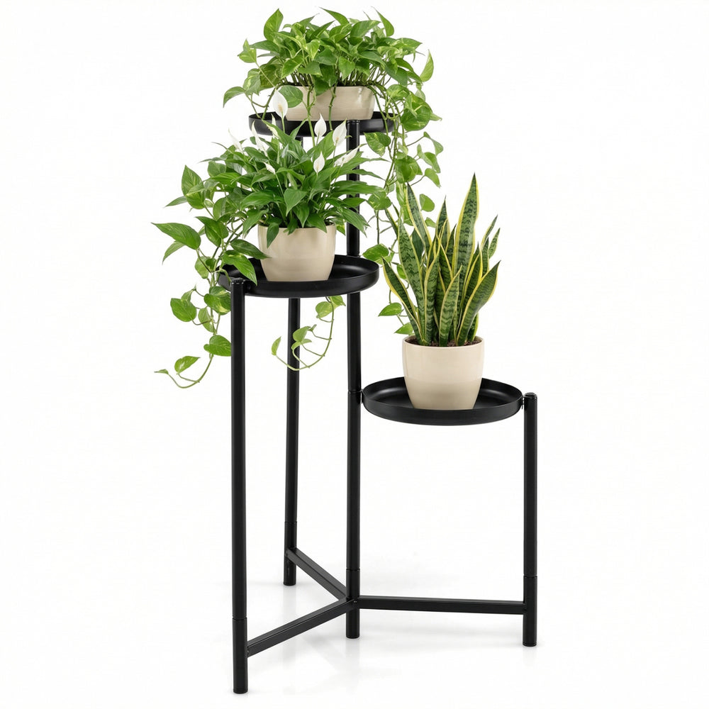 Three-tier metal plant stand with a triangular frame, ideal for indoor or outdoor plant display in corners.