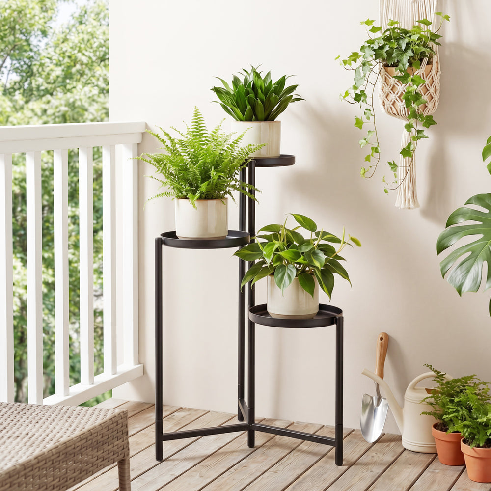 3-tier metal plant stand with a rustproof finish, perfect for corner display of pots and plants in indoor or outdoor.