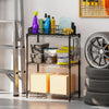 3-tier black metal storage shelving unit with adjustable shelves and V-shaped wire racks, ideal for garage organization.