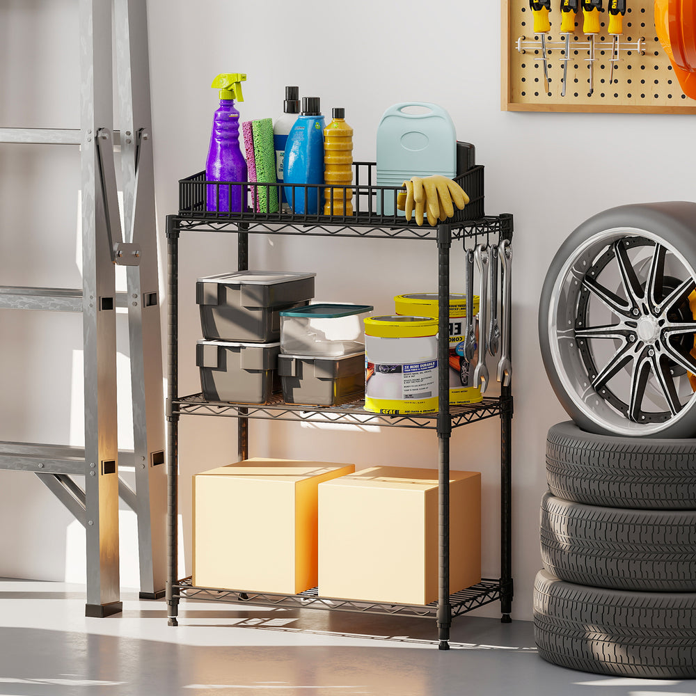 3-tier black metal storage shelving unit with adjustable shelves and V-shaped wire racks, ideal for garage organization.