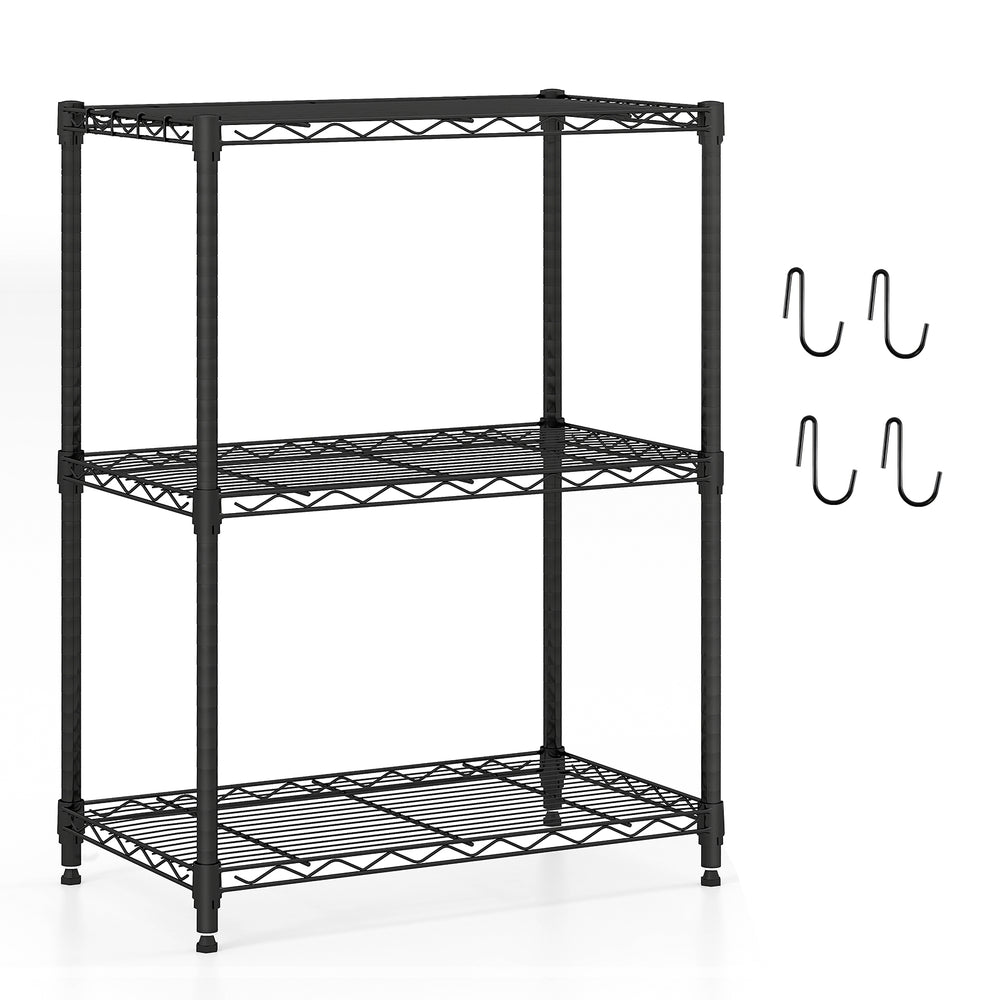 3-tier black metal storage shelving unit with adjustable shelves and V-shaped wire racks, ideal for garage or kitchen.