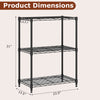 3-tier black metal storage shelving unit dimensions shown, featuring adjustable shelves and sturdy V-shaped wire racks.