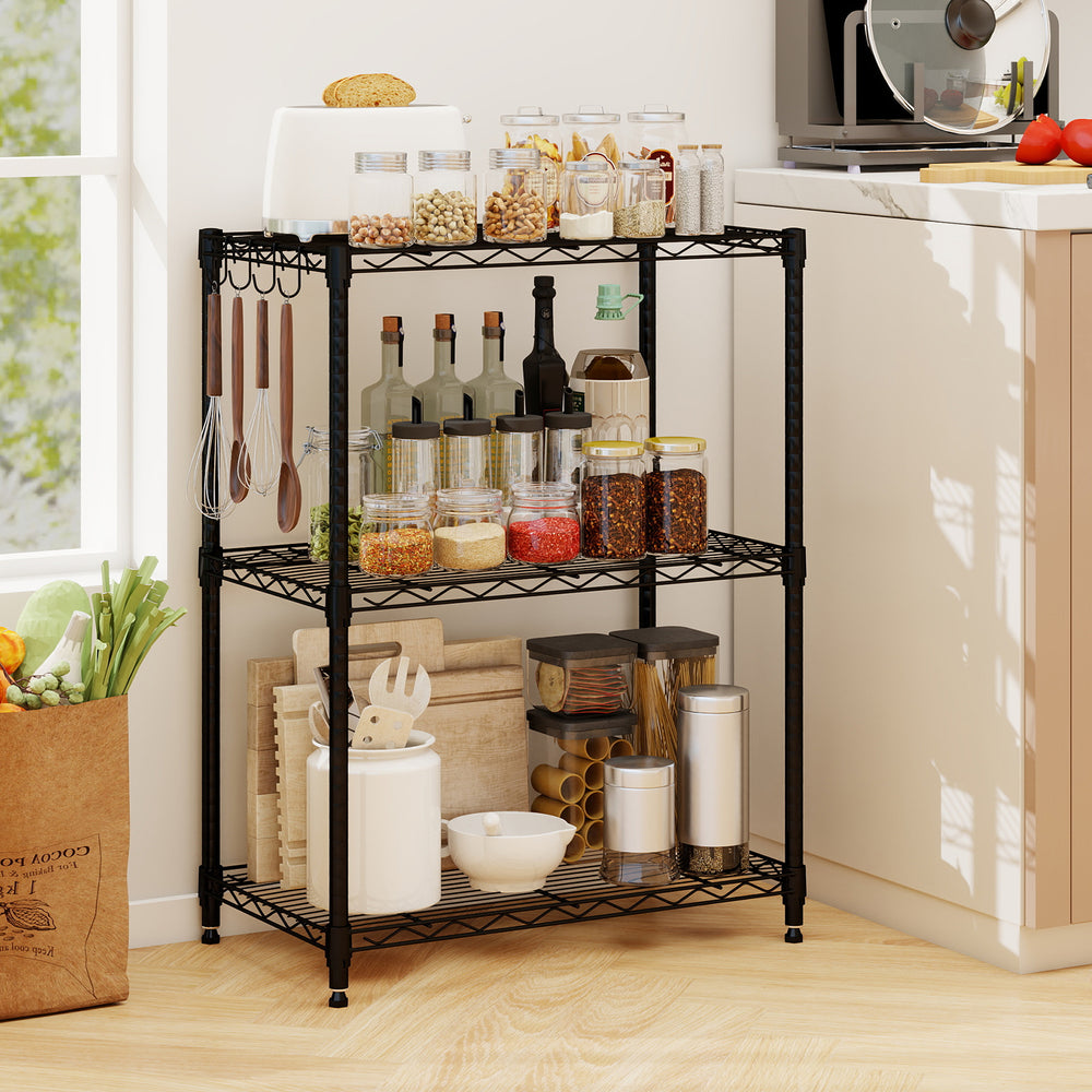 3-tier black metal storage shelving unit with adjustable shelves, perfect for kitchen organization and heavy-duty.