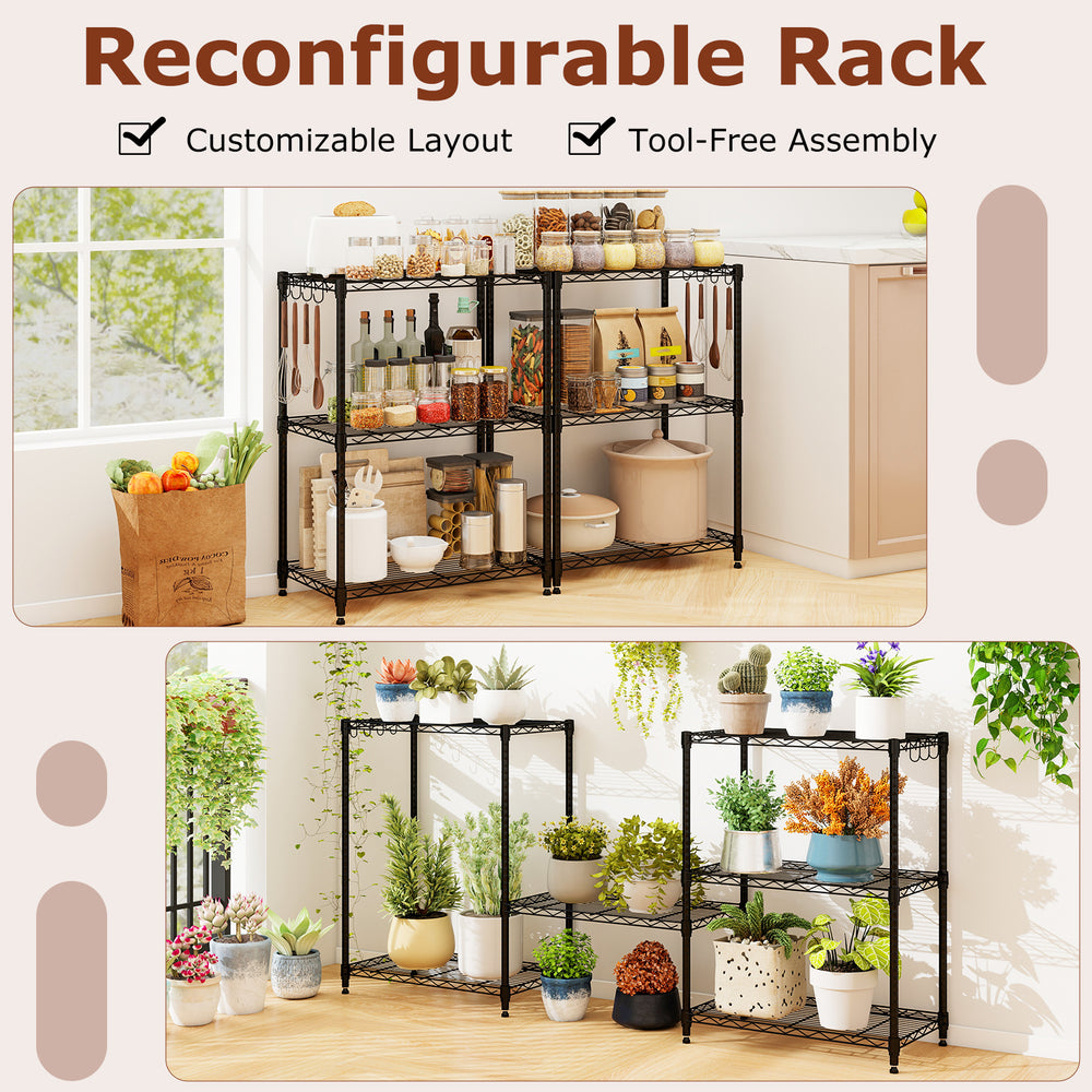 3-tier black metal storage shelving unit set with adjustable shelves and V-shaped wire racks for versatile organization.