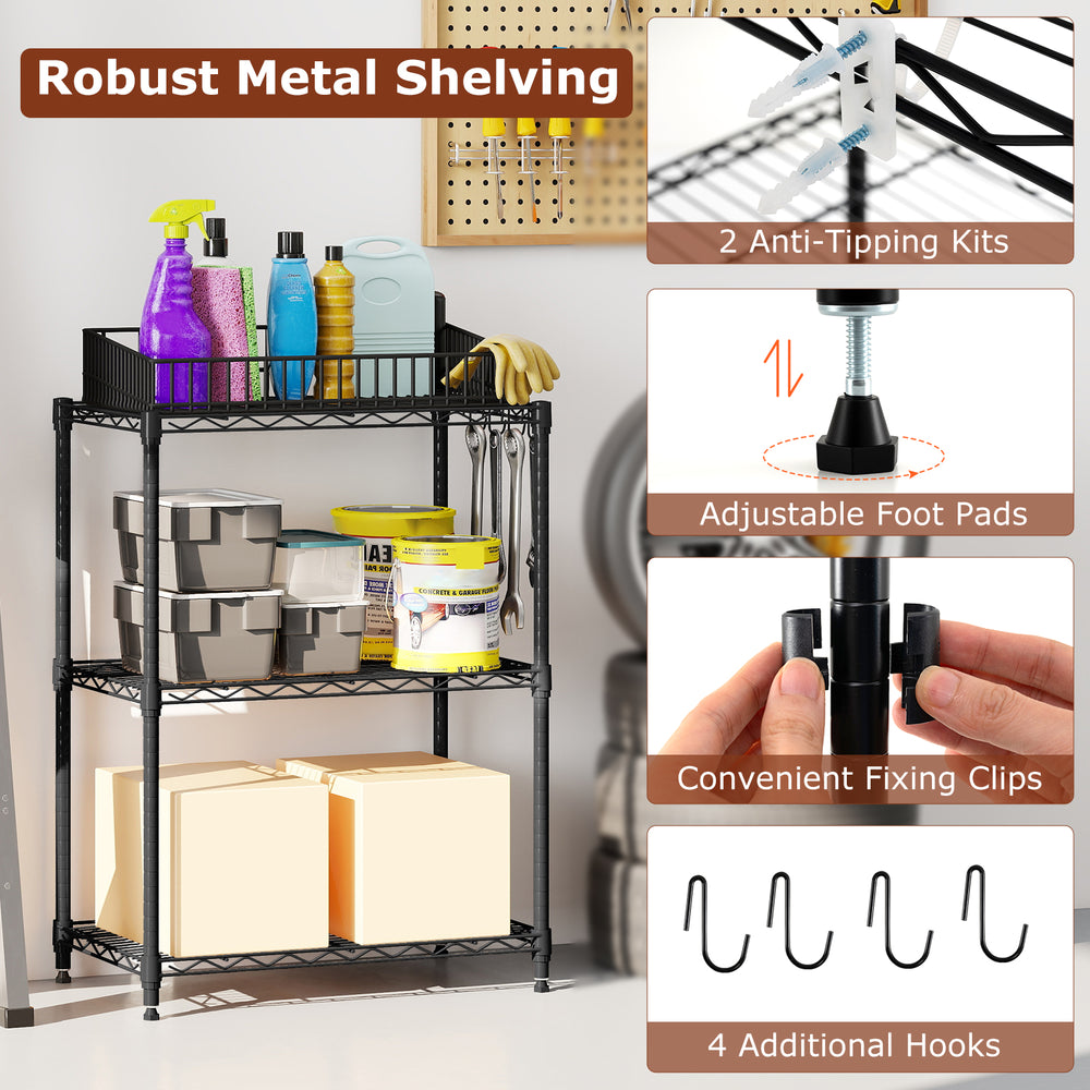 3-tier black metal storage shelving unit with adjustable shelves, anti-tipping kits, and 4 additional hooks for.