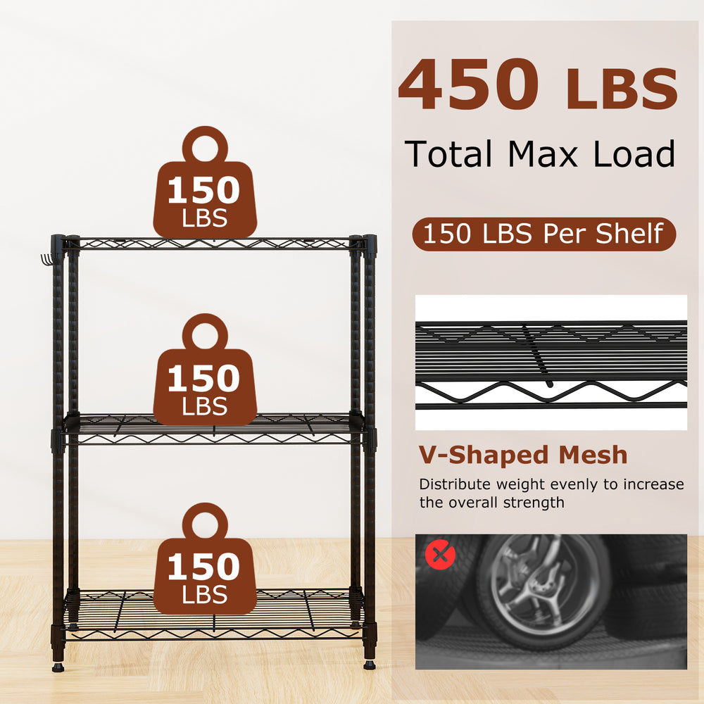 3-tier black metal storage shelving unit with V-shaped wire racks, adjustable shelves, and 450 lbs total max load.