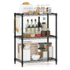 3-tier black metal storage shelving unit with adjustable shelves, ideal for organizing kitchen and pantry items.