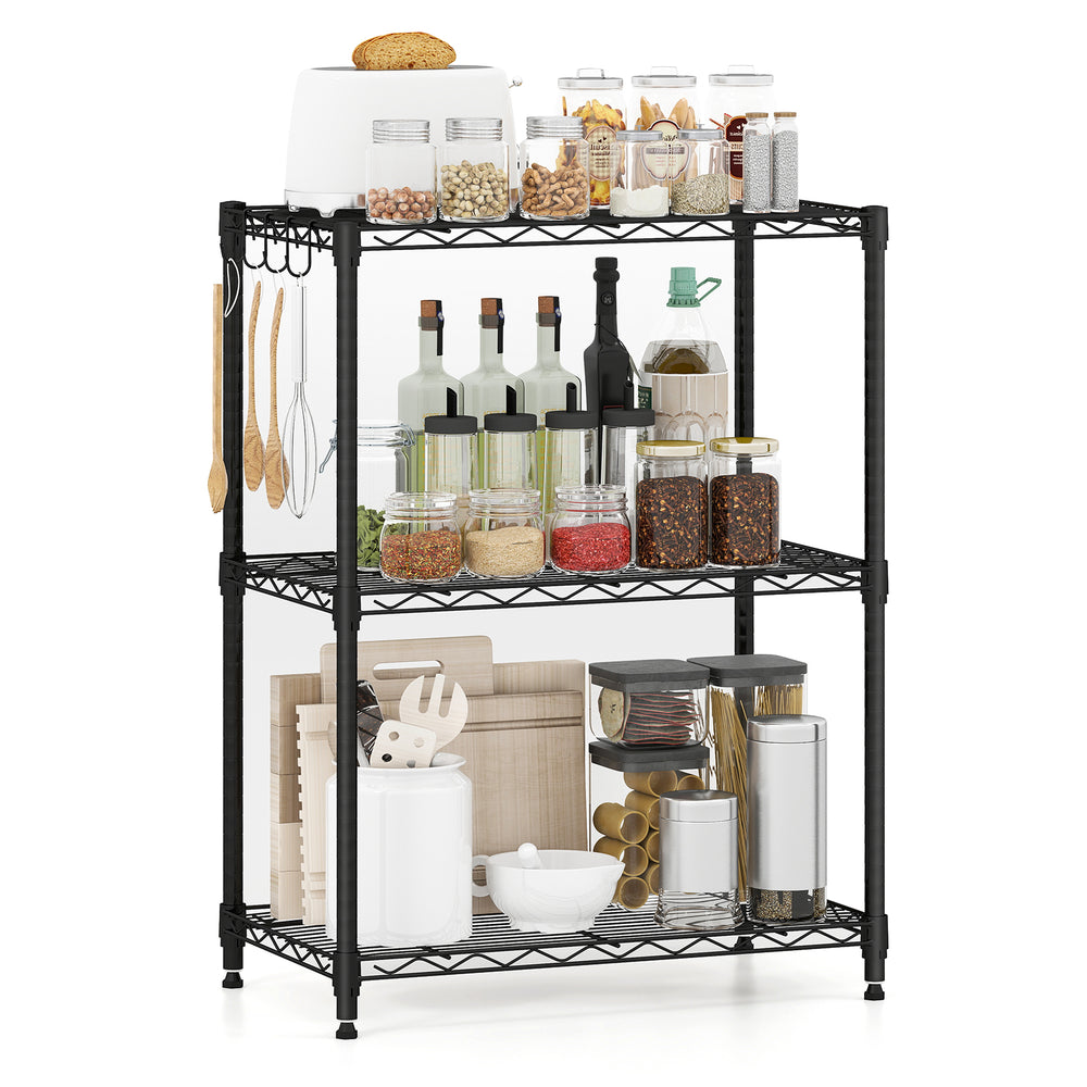 3-tier black metal storage shelving unit with adjustable shelves, ideal for organizing kitchen and pantry items.