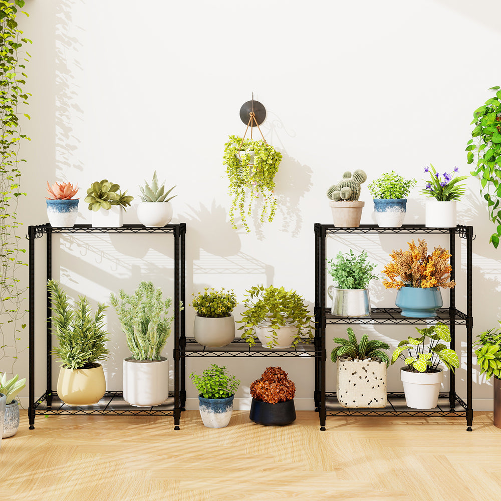 3-tier black metal storage shelving unit with V-shaped wire rack, ideal for organizing plants and maximizing space.