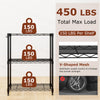 3-tier black metal storage shelving unit with V-shaped mesh, 450 lbs capacity, ideal for kitchen and garage.
