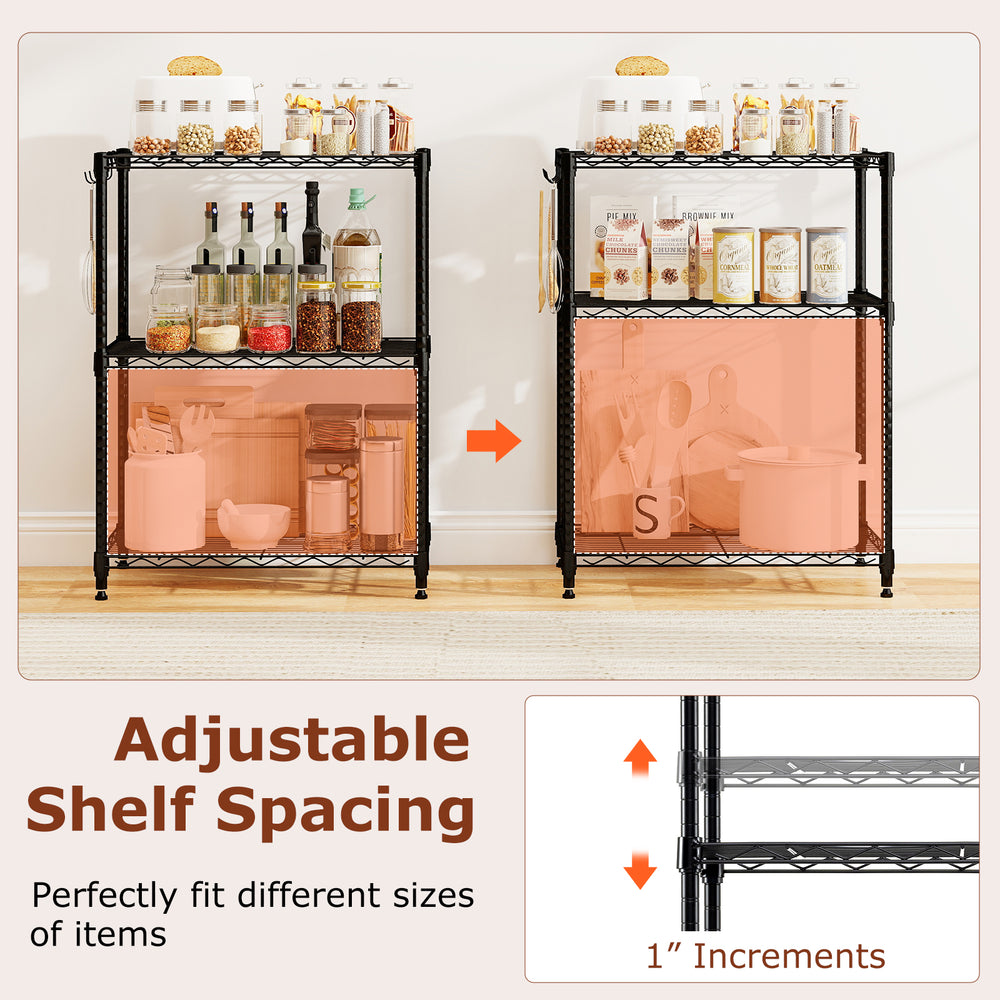 3-tier black metal storage shelving unit with adjustable shelf spacing, ideal for organizing kitchen and garage items.