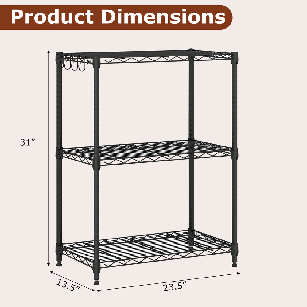 3-tier black metal storage shelving unit with adjustable shelves and V-shaped wire rack, ideal for kitchen or garage.