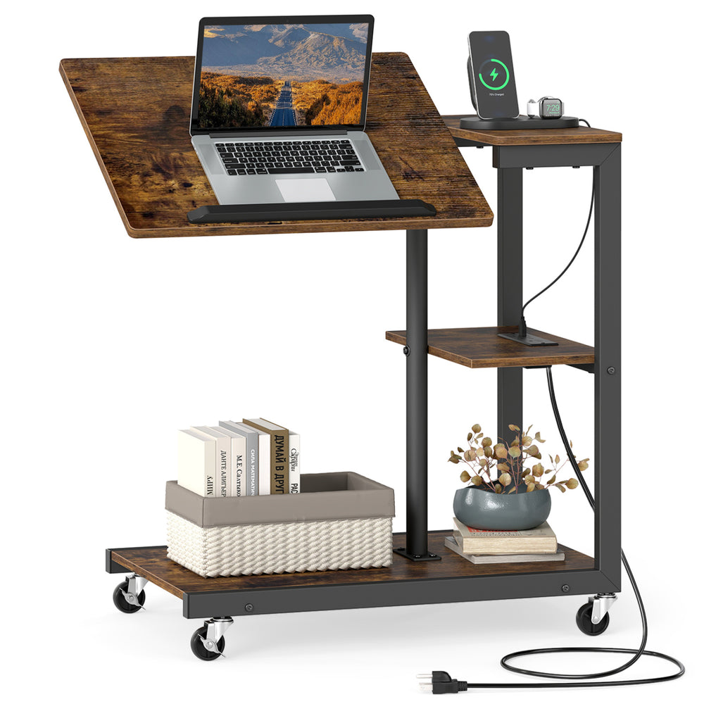 Mobile couch side table with adjustable tiltable tabletop, 3 tiers, and charging ports for convenient use.