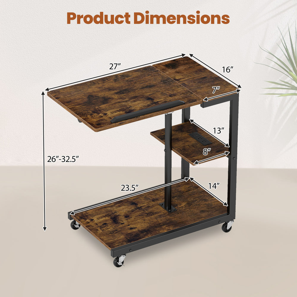 3-tier mobile couch side table with adjustable height, spacious tabletop, and 4 wheels for easy mobility and stability.