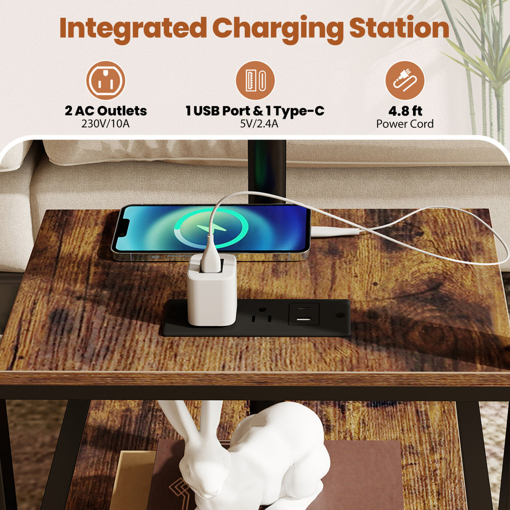 3-tier mobile couch side table with adjustable height, integrated charging station, and heavy-duty metal frame for stability.